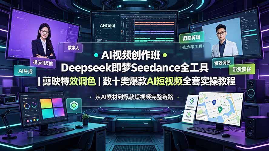AI视频创作班◆Deepseek即梦Seedance全工具｜剪映特效调色｜数十类爆款AI短视频全套实操教程|一人科技OPC聚合软件