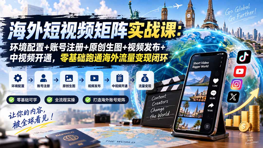 海外短视频矩阵实战课：环境配置+账号注册+原创生图+视频发布+中视频开通，零基础跑通海外流量变现闭环|一人科技OPC聚合软件