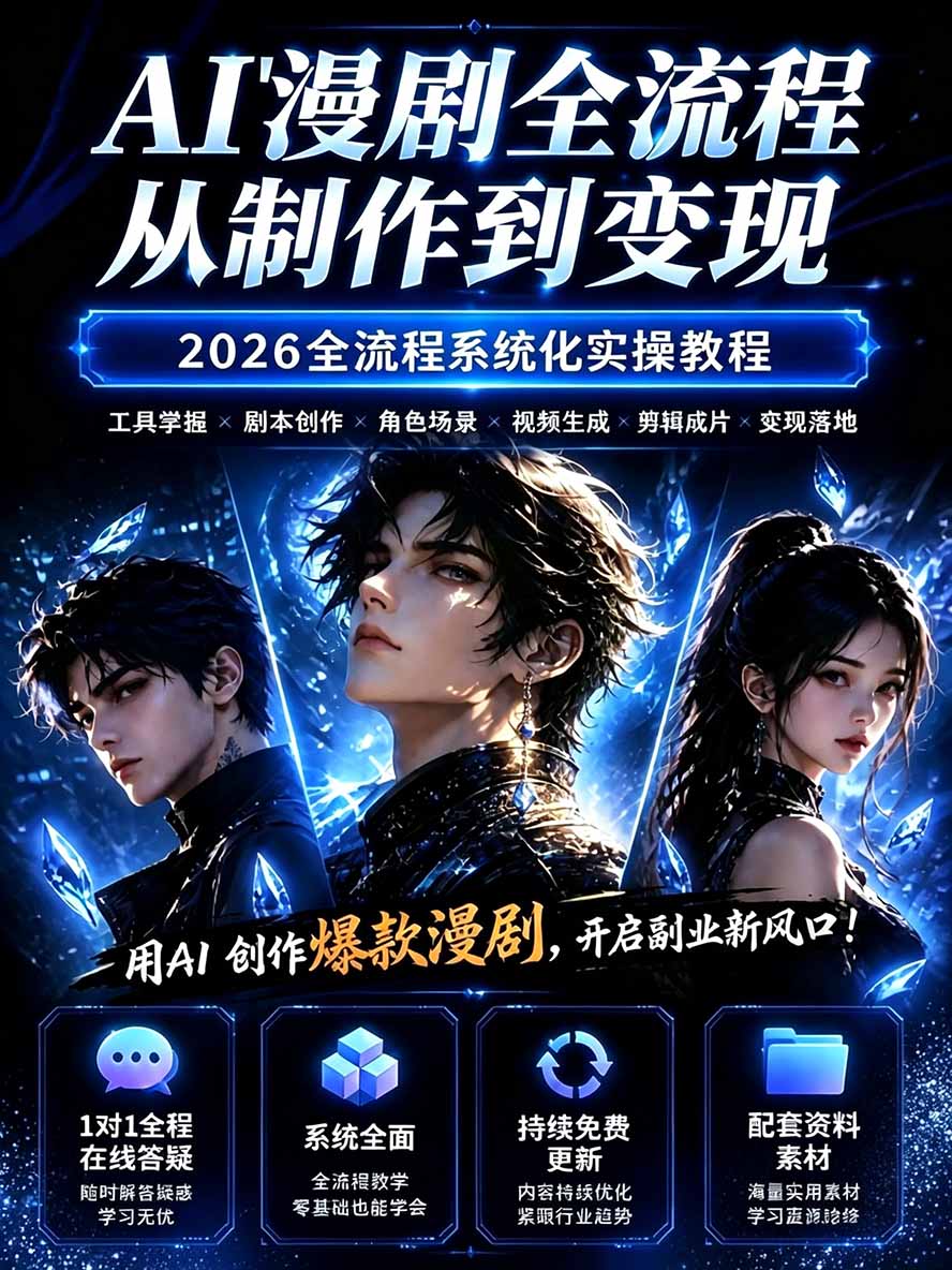 图片[1]|【无水印】2026AI漫剧创作与商业变现掘金营：打通选题→AI编剧→角色场景→自动分镜→视频生成→剪辑发布→运营变现|一人科技OPC聚合软件