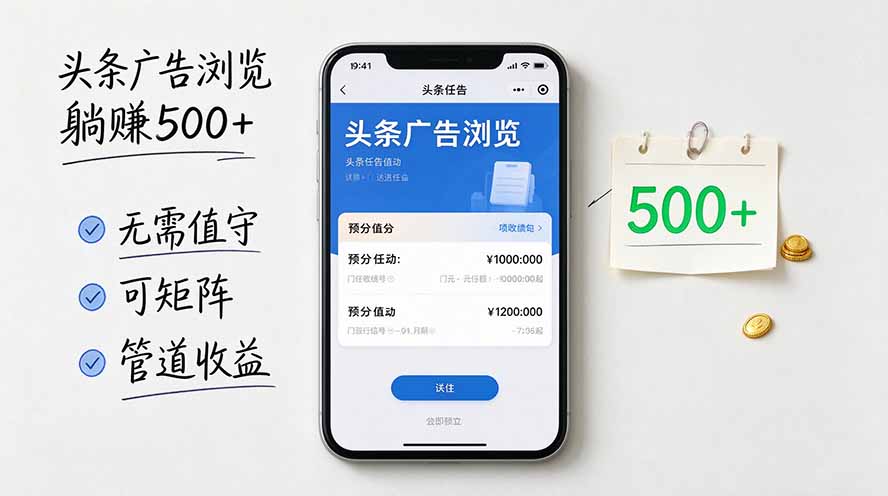 头条广告浏览躺赚500+无需值守，可矩阵并附有管道收益|一人科技OPC聚合软件