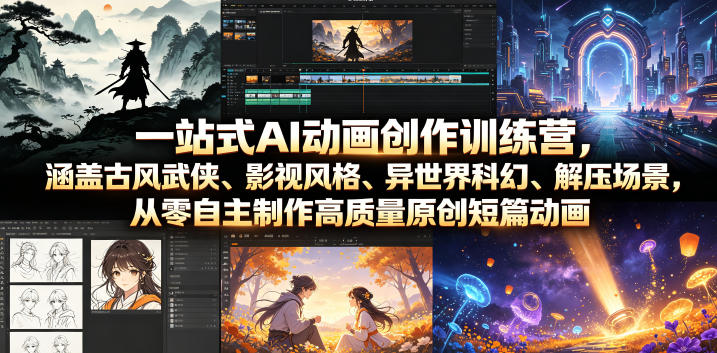 一站式AI动画创作训练营，涵盖古风武侠、影视风格、异世界科幻、解压场景，从零自主制作高质量原创短篇动画|一人科技OPC聚合软件
