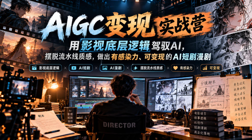 AIGC变现实战营，用影视底层逻辑驾驭AI，摆脱流水线质感，做出有感染力、可变现的AI短剧漫剧|一人科技OPC聚合软件