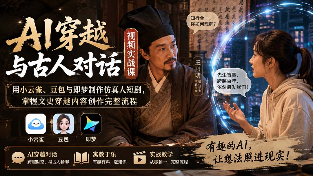 AI穿越与古人对话视频实战课：用小云雀、豆包与即梦制作仿真人短剧，掌握文史穿越内容创作完整流程|一人科技OPC聚合软件
