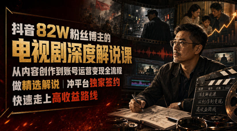 抖音82W粉丝博主的电视剧深度解说课，从内容创作到账号运营变现全流程，做精选解说，冲平台独家签约，快速走上高收益路线|一人科技OPC聚合软件
