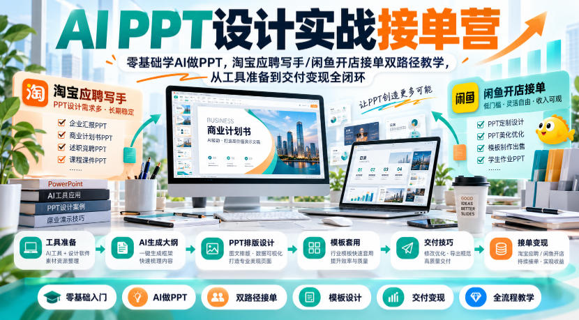 AI PPT设计实战接单营｜零基础学AI做PPT，淘宝应聘写手/闲鱼开店接单双路径教学，从工具准备到交付变现全闭环|一人科技OPC聚合软件