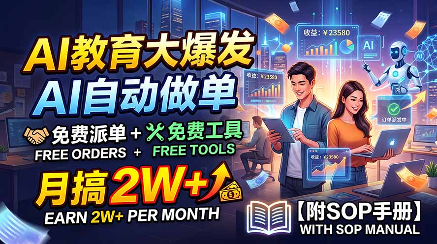 AI教育大爆发，AI自动做单，免费派单+免费工具，月搞2W+【附SOP手册】|一人科技OPC聚合软件