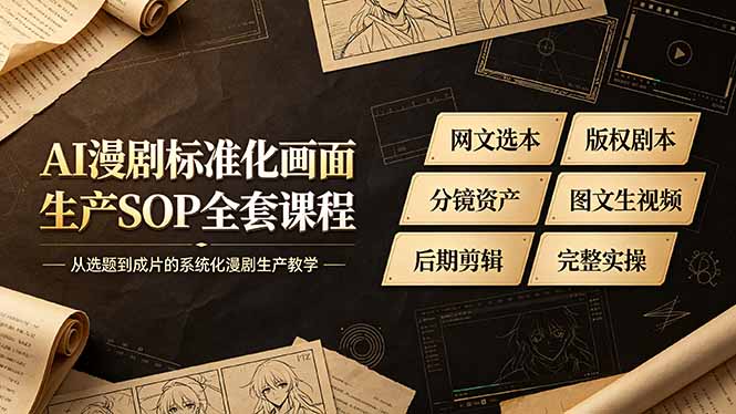 AI漫剧标准化画面生产SOP全套课程，网文选本版权剧本分镜资产全覆盖，图文生视频后期剪辑完整实操教学|一人科技OPC聚合软件