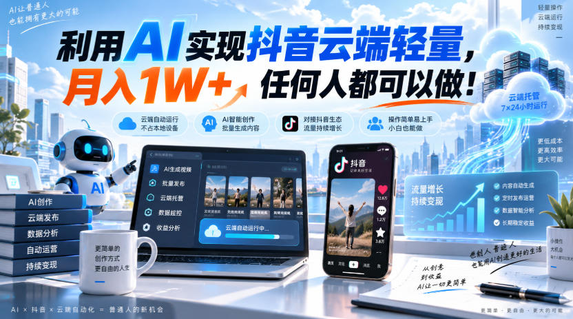 利用AI实现抖音云端轻量，月入1W+，任何人都可以做！【揭秘】|一人科技OPC聚合软件