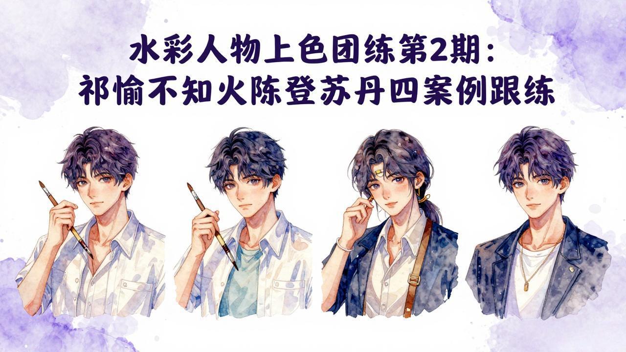 水彩人物上色团练第2期：祁煜不知火陈登苏丹四案例跟练，手把手提升绘画能力|协议软件打粉软件