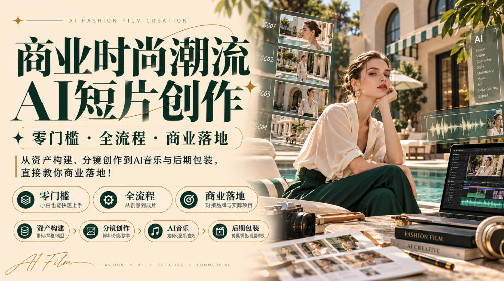 商业时尚潮流AI短片创作｜零门槛・全流程・商业落地，从资产构建、分镜创作到AI音乐与后期包装，直接教你商业落地！|一人科技OPC聚合软件