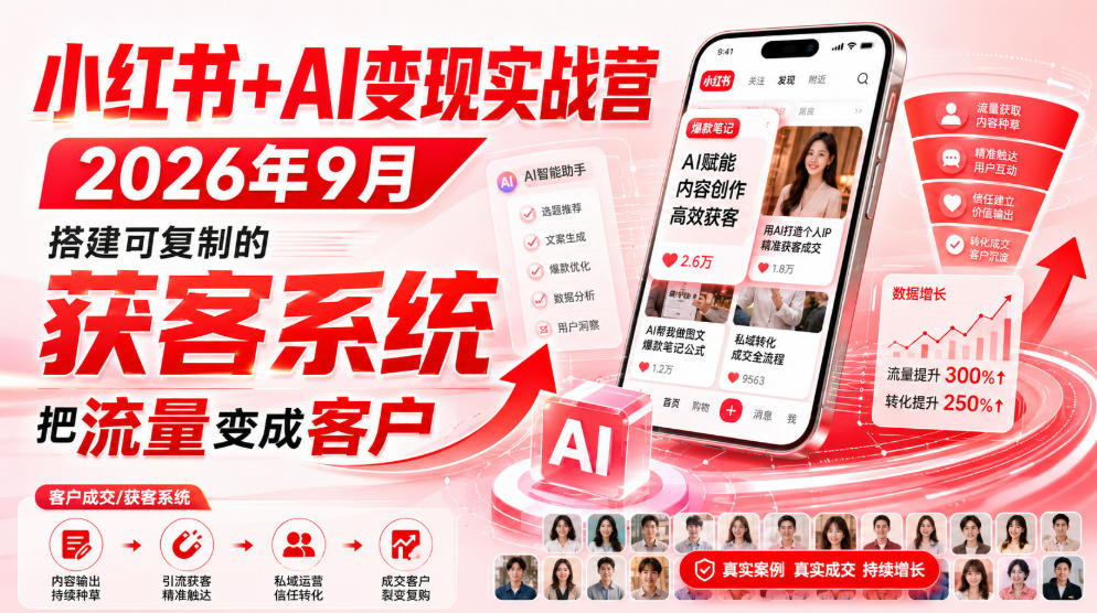 小红书+AI变现实战营2026年9月，搭建可复制的获客系统，把流量变成客户！|一人科技OPC聚合软件