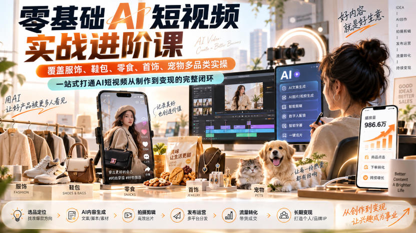 零基础AI短视频实战进阶课，覆盖服饰、鞋包、零食、首饰、宠物多品类实操，一站式打通AI短视频从制作到变现的完整闭环|一人科技OPC聚合软件