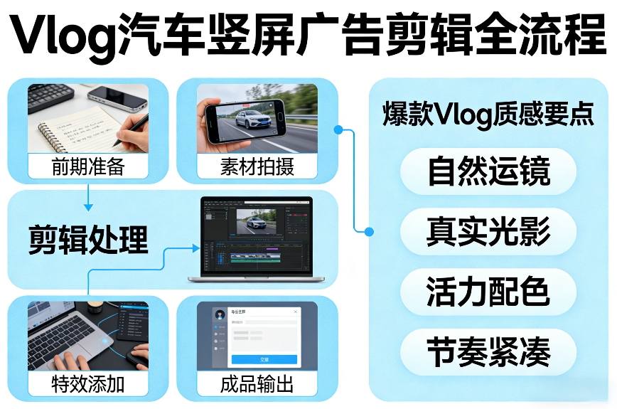 Vlog感觉汽车竖屏广告剪辑脚本全流程，拿捏爆款Vlog质感|协议软件打粉软件