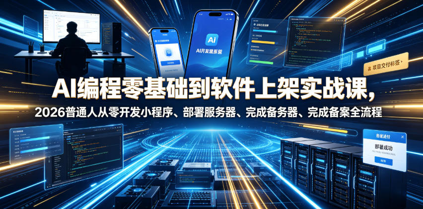 AI编程零基础到软件上架实战课，2026普通人从零开发小程序、部署服务器、完成备案全流程项目落地教程|一人科技OPC聚合软件