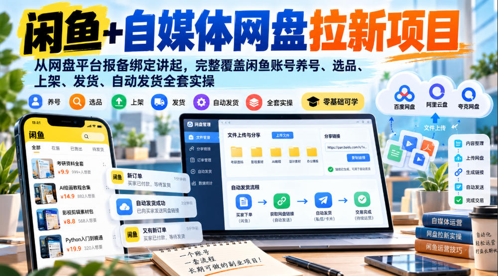 闲鱼+自媒体网盘拉新项目，从网盘平台报备绑定讲起，完整覆盖闲鱼账号养号、选品、上架、发货、自动发货全套实操|一人科技OPC聚合软件