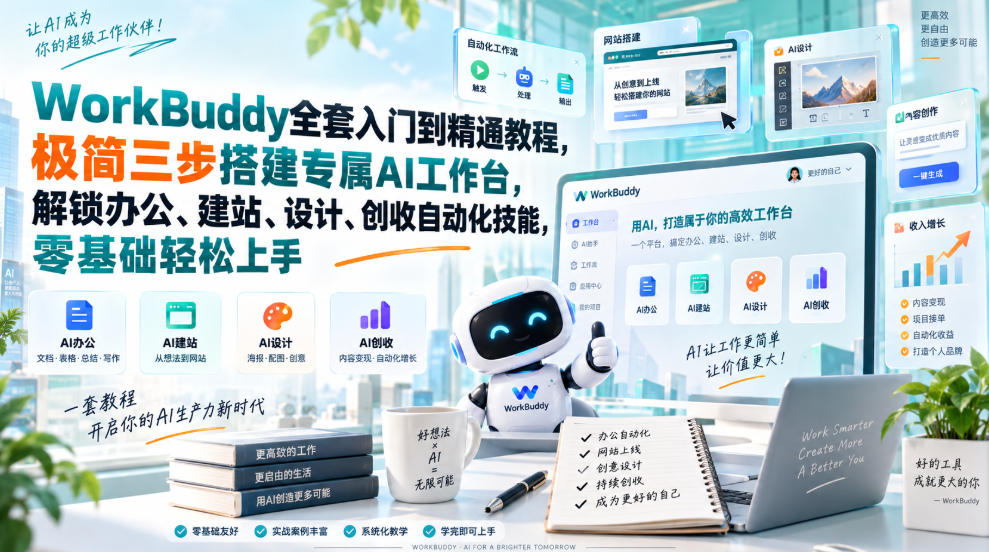 WorkBuddy全套入门到精通教程，极简三步搭建专属AI工作台，解锁办公、建站、设计、创收自动化技能，零基础轻松上手|一人科技OPC聚合软件
