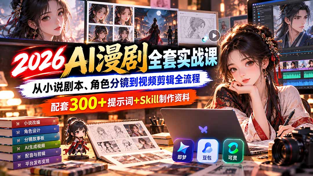【无水印】2026AI漫剧全套实战课：从小说剧本、角色分镜到视频剪辑全流程，配套300+提示词+Skill制作资料|一人科技OPC聚合软件