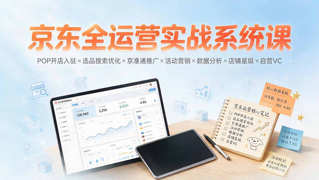 京东全运营实战系统课：POP开店入驻×选品搜索优化×京准通推广×活动营销×数据分析×店铺星级×自营VC|一人科技OPC聚合软件