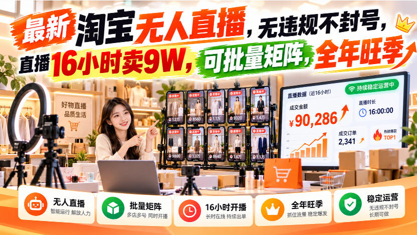 最新淘宝无人直播，无违规不封号，直播16小时卖9W，可批量矩阵，全年旺季【揭秘】|一人科技OPC聚合软件