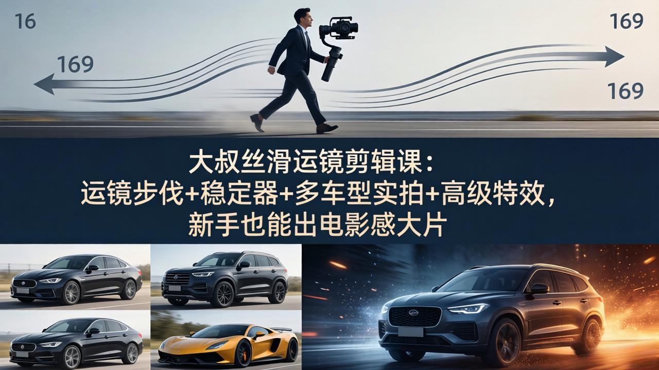 大叔丝滑运镜剪辑课：运镜步伐+稳定器+多车型实拍+高级特效，新手也能出电影感大片|协议软件打粉软件