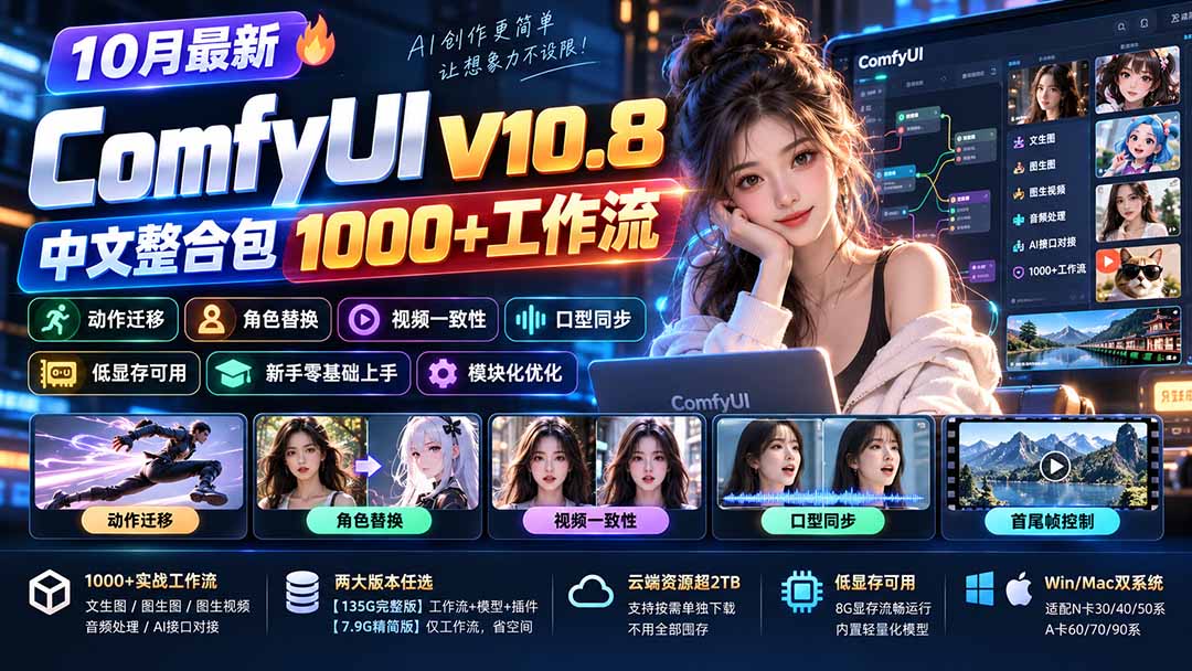 10月最新ComfyUI V10.8中文整合包 1000+工作流 动作迁移 角色替换 视频一致性 口型同步 低显存可用|一人科技OPC聚合软件