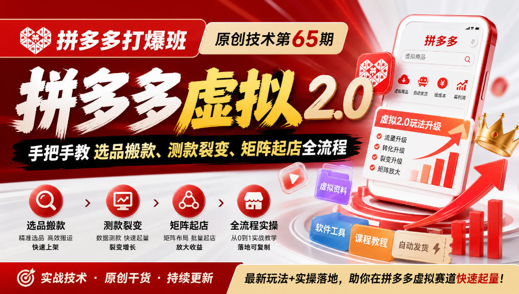 《拼多多打爆班》原创技术第65期，拼多多虚拟2.0，手把手教选品搬款、测款裂变、矩阵起店全流程|一人科技OPC聚合软件