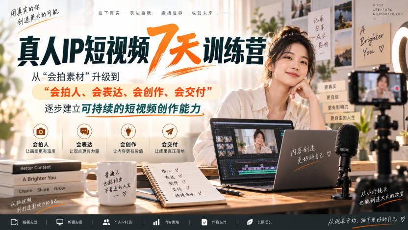 真人IP短视频7天训练营，从“会拍素材”升级到“会拍人、会表达、会创作、会交付”，逐步建立可持续的短视频创作能力|一人科技OPC聚合软件