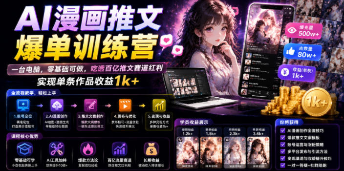 AI漫画推文爆单训练营，一台电脑，零基础可做，吃透百亿推文赛道红利，实现单条作品收益1k+|一人科技OPC聚合软件