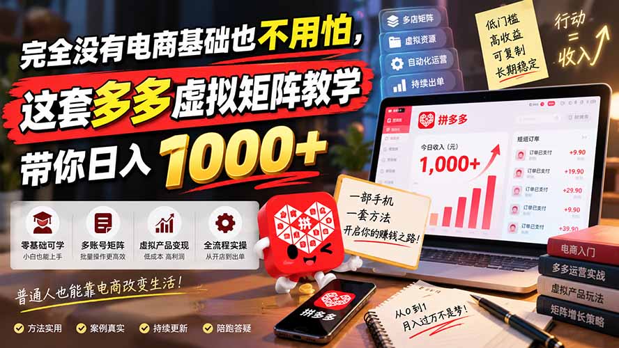 完全没有电商基础也不用怕，这套多多虚拟矩阵教学带你日入 1000+|一人科技OPC聚合软件