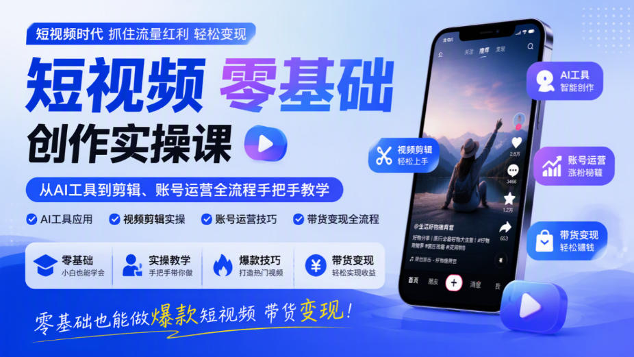 短视频零基础创作实操课，从AI工具到剪辑、账号运营全流程手把手教学，零基础也能做爆款短视频带货变现|一人科技OPC聚合软件