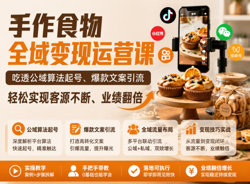 手作食物全域变现运营课，吃透公域算法起号、爆款文案引流，轻松实现客源不断、业绩翻倍|一人科技公司导航