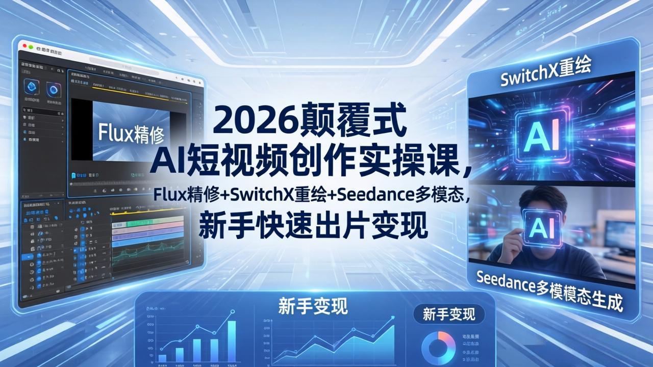 2026颠覆式 AI短视频创作课-5月更新，Flux精修+SwitchX重绘+Seedance多模态，新手快速出片变现|一人科技公司导航