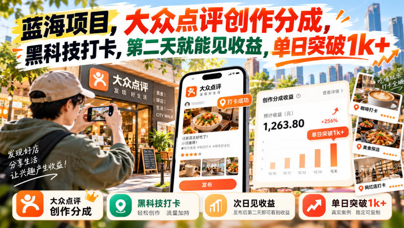 蓝海项目，大众点评创作分成，黑科技打卡，第二天就能见收益，单日突破1k+【揭秘】|一人科技OPC聚合软件
