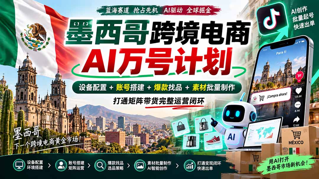 墨西哥AI跨境电商万号计划｜设备配置+账号搭建+爆款找品+素材批量制作，打通矩阵带货完整运营闭环|一人科技OPC聚合软件