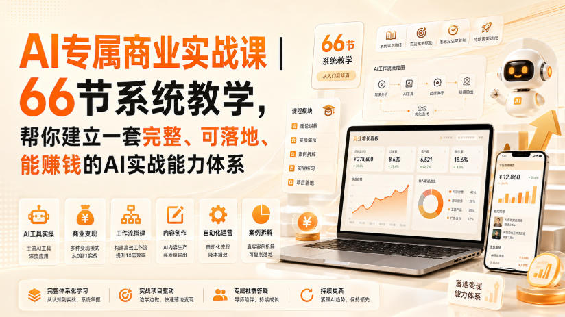 AI专属商业实战课｜66节系统教学，帮你建立一套完整、可落地、能賺钱的AI实战能力体系|一人科技OPC聚合软件