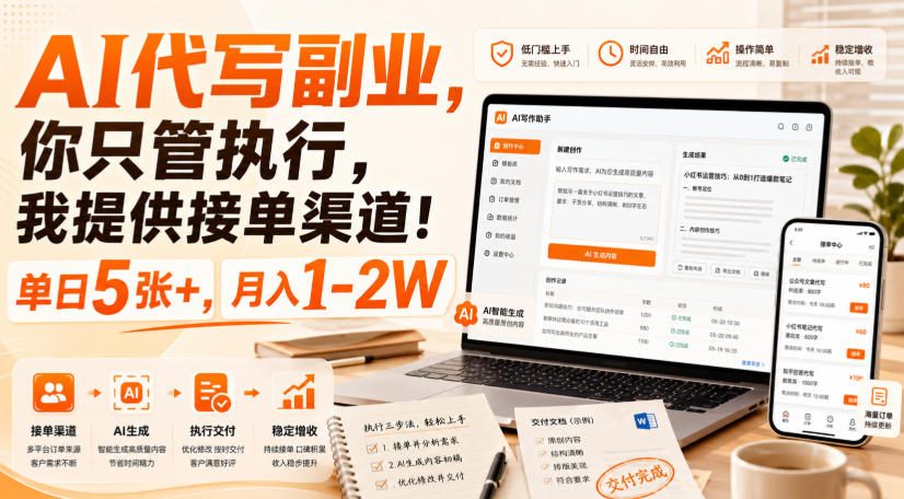AI代写副业，你只管执行，我提供接单渠道！单日5张+，月入1-2W【揭秘】|一人科技OPC聚合软件