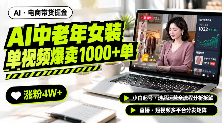 AI中老年服装带货赛道新玩法，一个视频卖出1000多单涨粉4W+，小白起号选品运营全流程分析拆解|一人科技OPC聚合软件