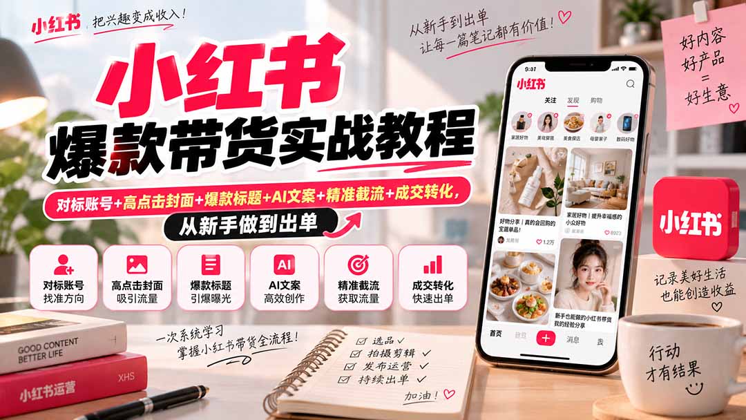 小红书爆款带货实战教程｜对标账号+高点击封面+爆款标题+AI文案+精准截流+成交转化，从新手做到出单|一人科技OPC聚合软件