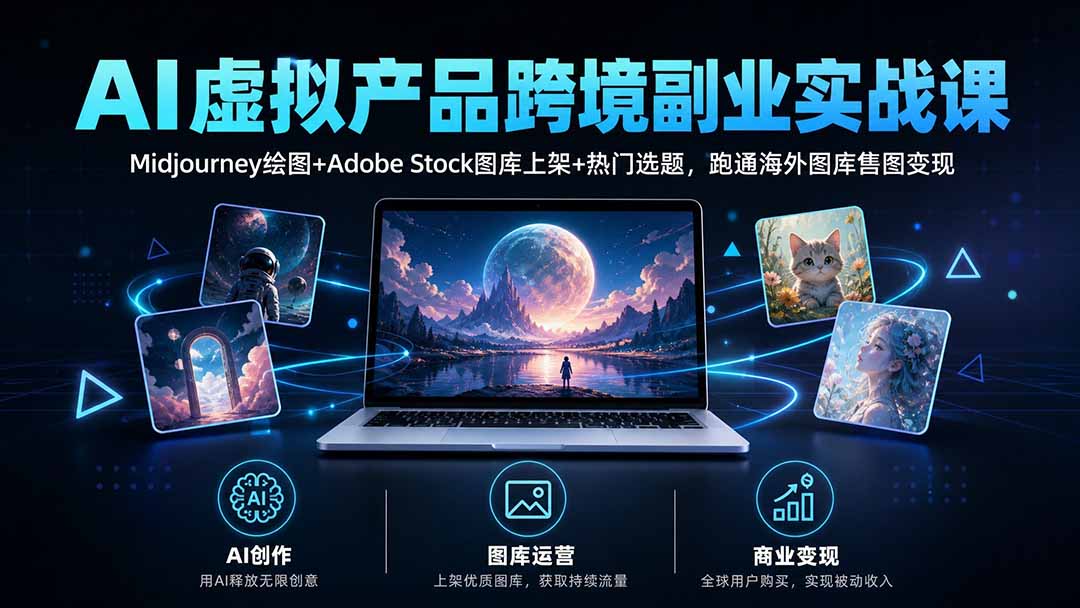 AI虚拟产品跨境副业实战课｜Midjourney绘图+Adobe Stock图库上架+热门选题，跑通海外图库售图变现|一人科技OPC聚合软件