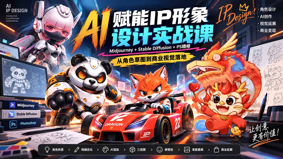AI赋能IP形象设计实战课-无水印：Midjourney+Stable Diffusion+PS精修，从角色草图到商业视觉落地|一人科技OPC聚合软件