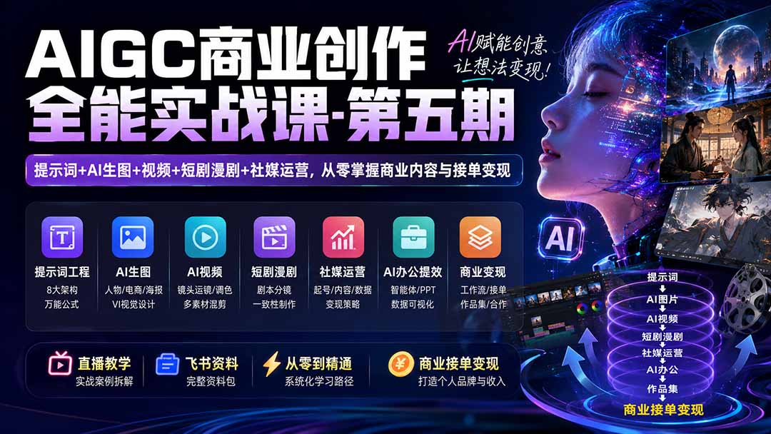 AIGC商业创作全能实战课-第五期：提示词+AI生图+视频+短剧漫剧+社媒运营，从零掌握商业内容与接单变现|一人科技OPC聚合软件