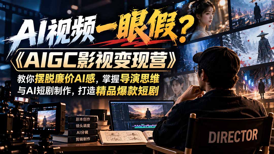 【无水印】AI视频一眼假？《AIGC影视变现营》教你摆脱廉价AI感，掌握导演思维与AI短剧制作，打造精品爆款短剧|一人科技OPC聚合软件