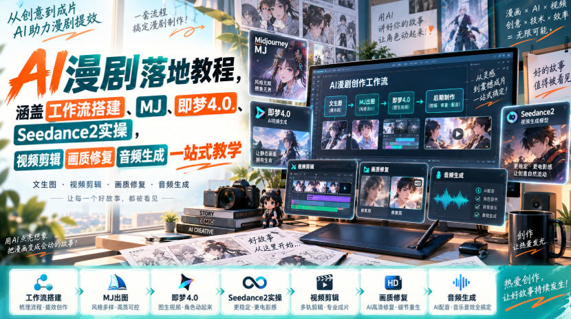 AI漫剧落地教程，涵盖工作流搭建、MJ、即梦4.0、Seedance2实操，视频剪辑画质修复音频生成一站式教学|一人科技OPC聚合软件