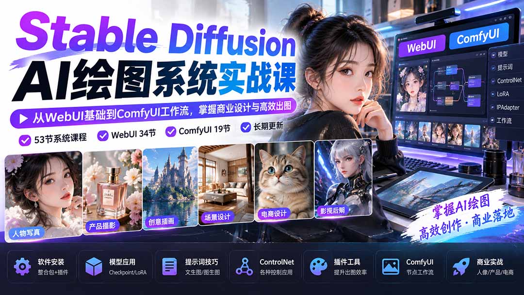 【无水印】Stable Diffusion AI绘图系统实战课：从WebUI基础到ComfyUI工作流，掌握商业设计与高效出图|一人科技OPC聚合软件