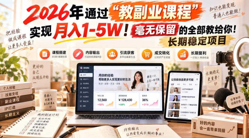 2026年通过“教副业课程”实现月入1-5W！毫无保留的全部教给你！长期稳定项目|一人科技OPC聚合软件