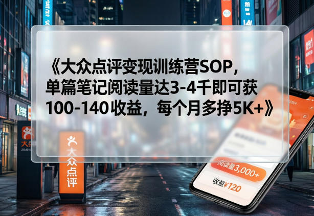 大众点评变现训练营SOP，单篇笔记阅读量达3-4千即可获100-140收益，每个月多挣5K+|协议软件打粉软件