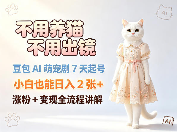 不用养猫不用出镜，豆包AI萌宠剧7天起号，小白也能日入2张+，涨粉+变现全流程讲解|一人科技公司导航