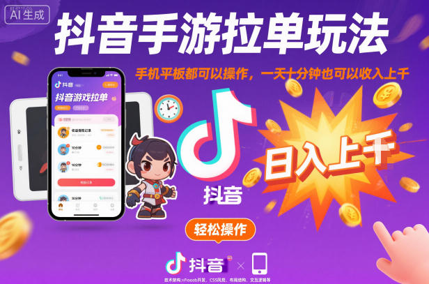 抖音手游拉单玩法，手机平板都可以操作，一天十分钟也可以收入上K【揭秘】|HOOK协议网