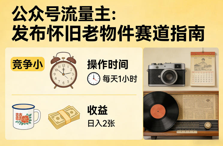 公众号流量主之发布怀旧老物件赛道，竞争小，每天操作1小时，日入2张|协议软件打粉软件