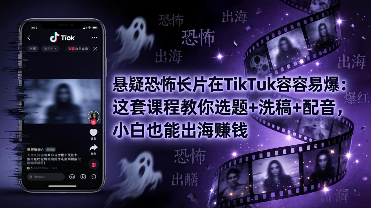 悬疑恐怖长片在TikTok最容易爆：这套课程教你选题+洗稿+配音，小白也能出海赚钱|协议软件打粉软件